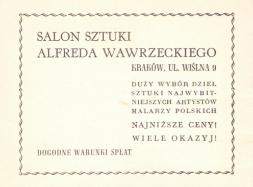 Ogłoszenie firmowe, źródło: Katalog wystawy prac Jacka Malczewskiego, TPSP Kraków, 1939